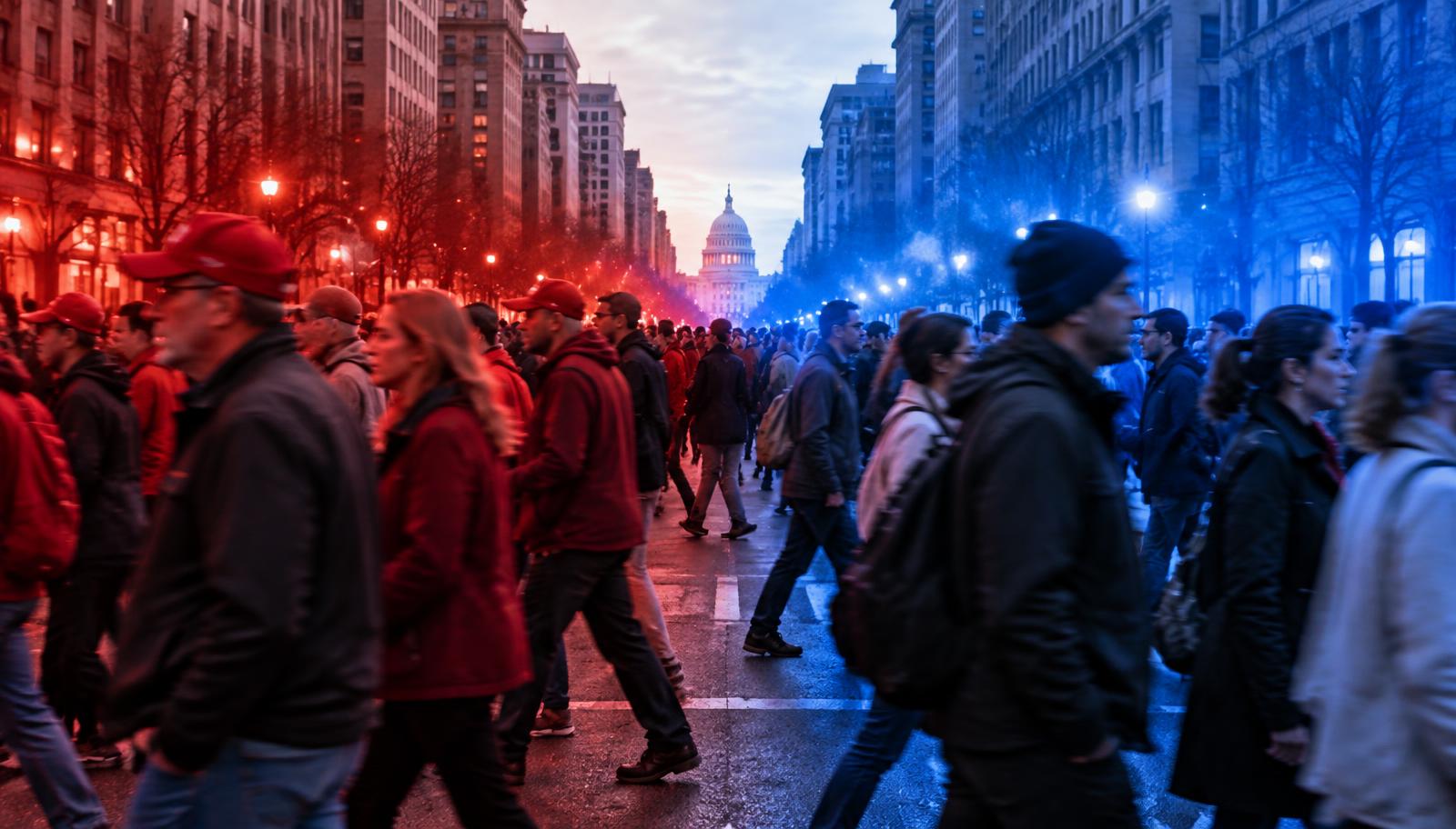 Two crowds of Americans moving in opposite directions on a city street, lit in red and blue