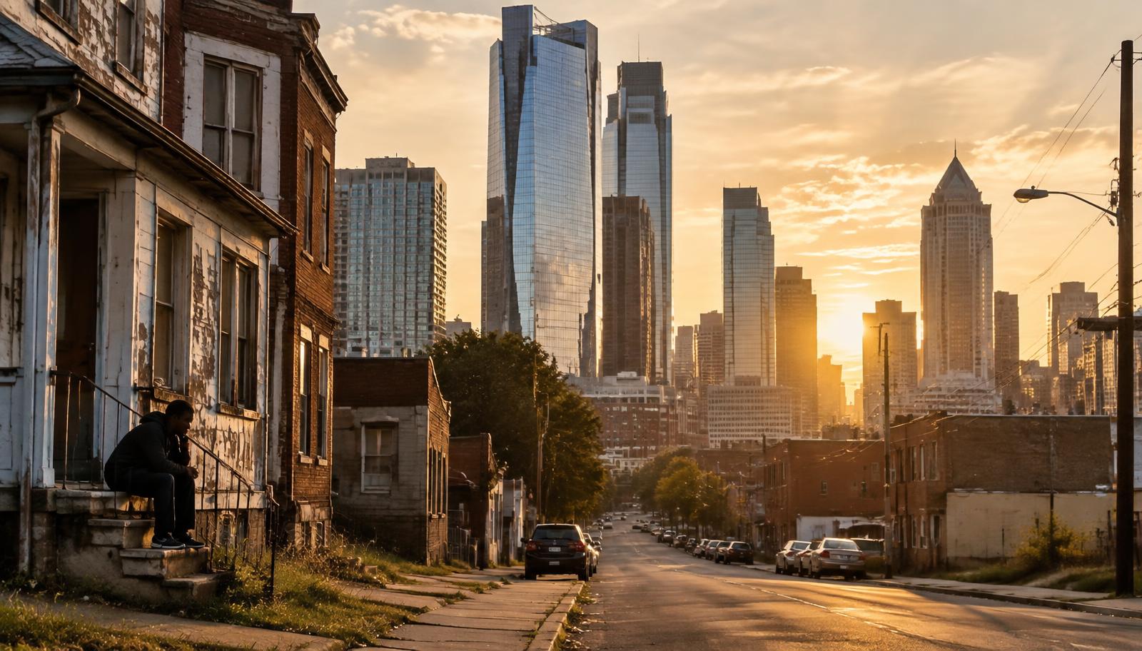 Glass towers of an American downtown rising behind a worn residential street at sunset