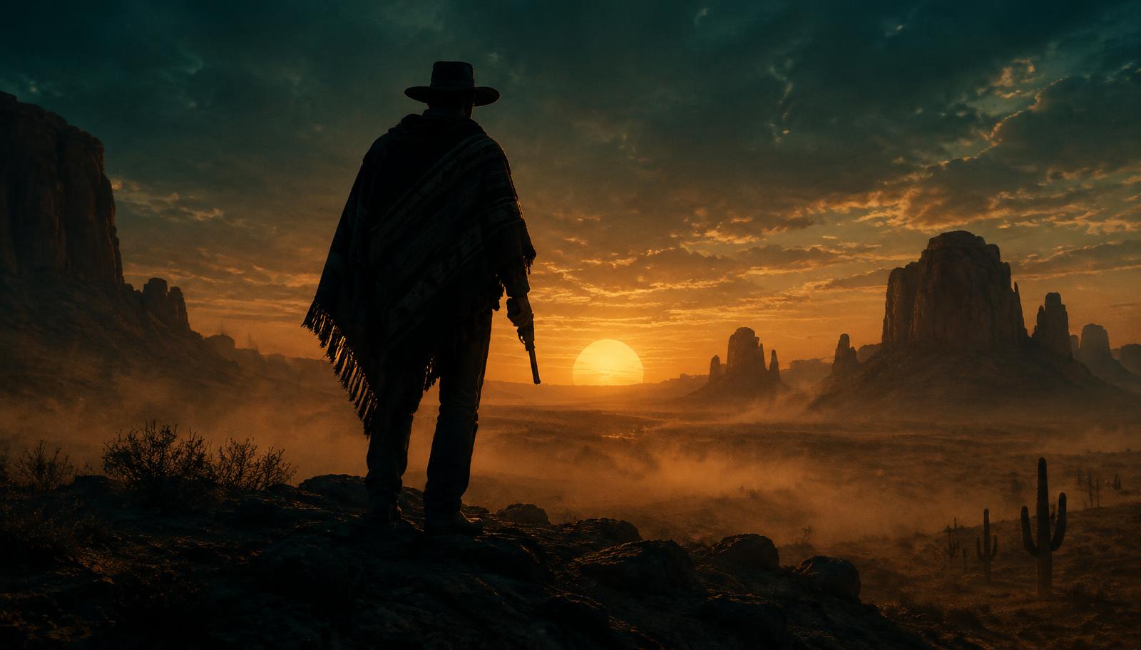 Illustrative Western gunslinger at dusk, evoking Eastwood’s Man with No Name era