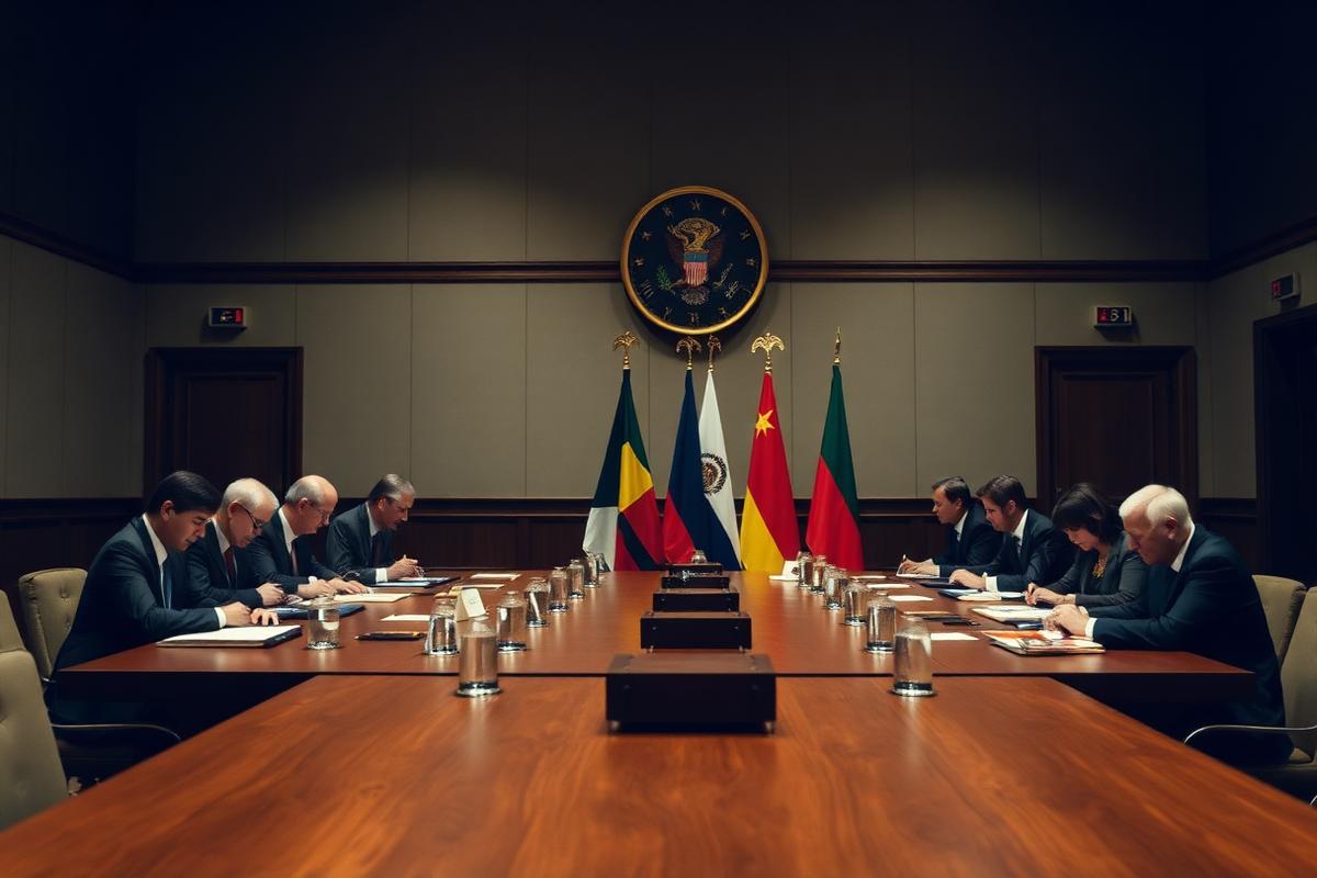 Diplomats signing an arms control treaty at a formal table with flags