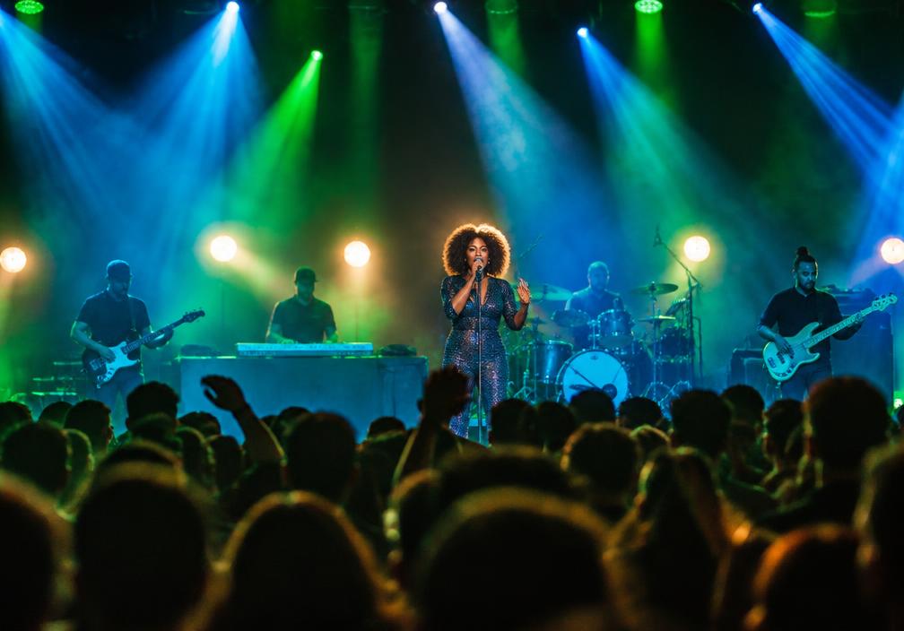 Illustrative concert photograph with blue and green lighting