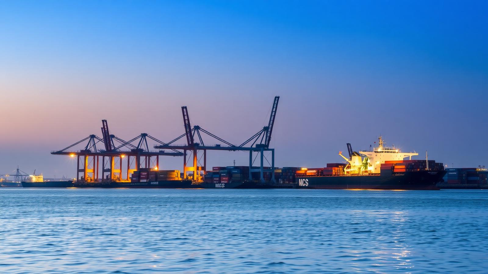 Container cranes and a cargo ship at a Somali coastal port at dusk