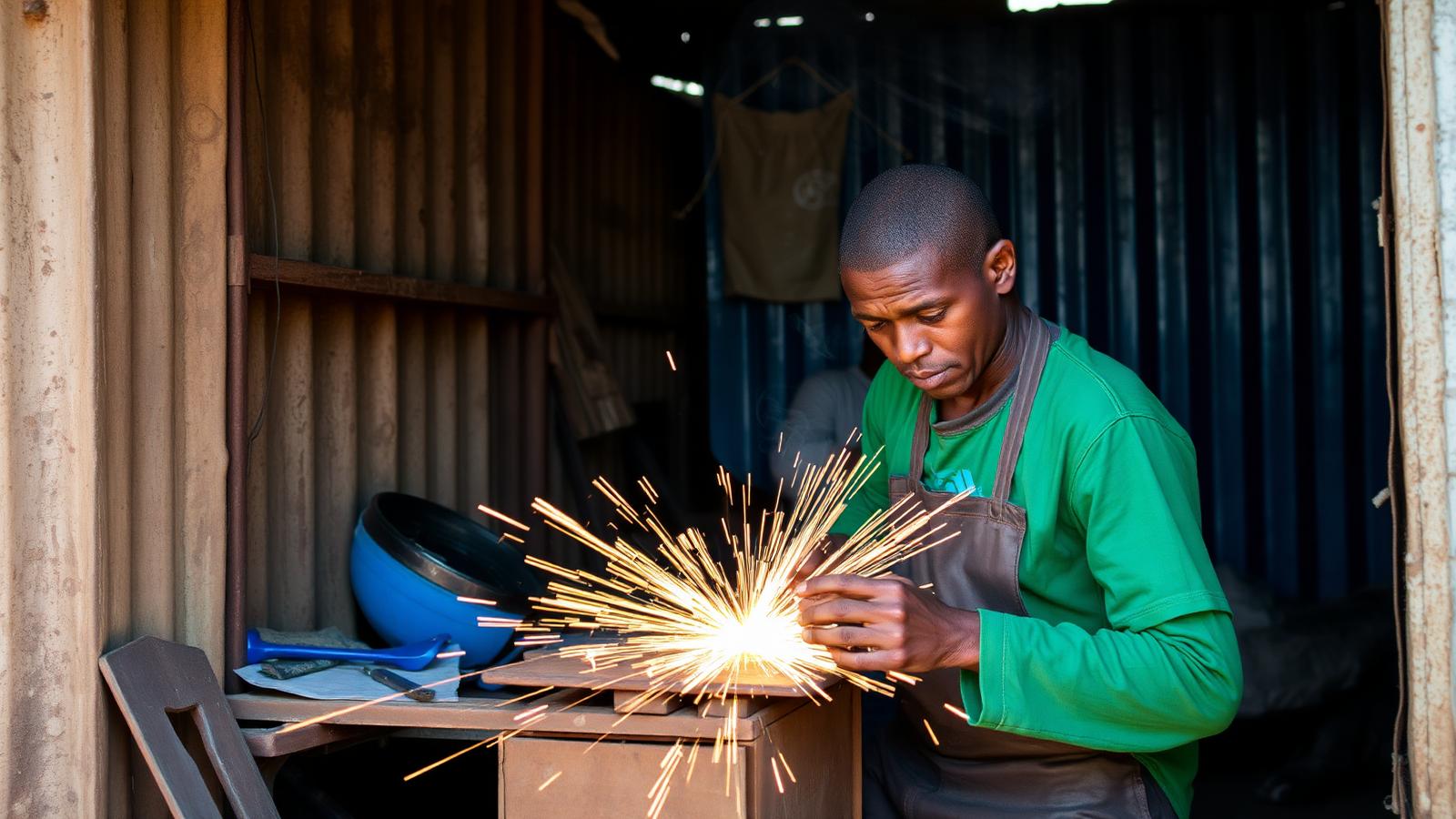 A small workshop owner welding metal furniture in an informal street business