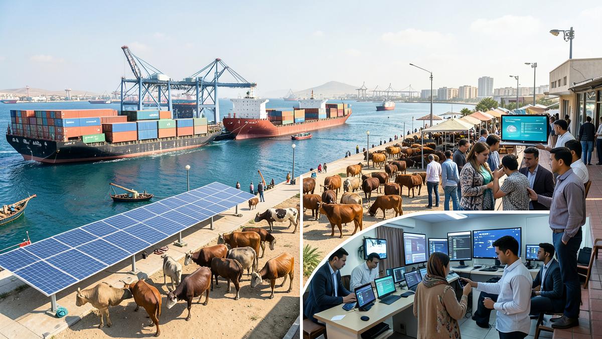Collage of Berbera port, solar energy, livestock and a Somaliland tech hub