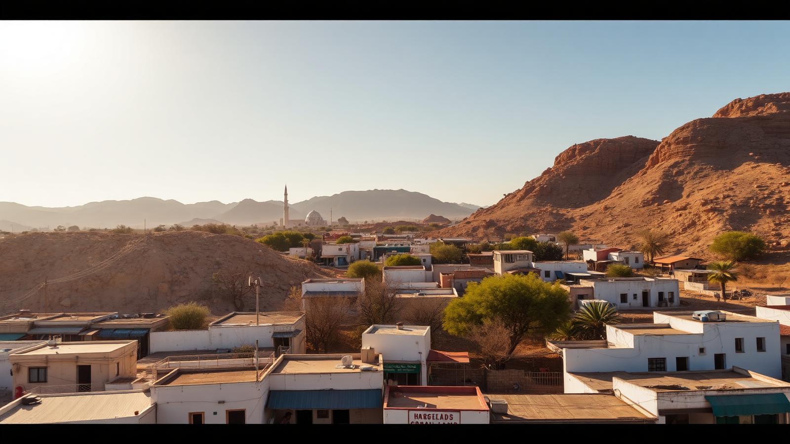 Sunlit view of Hargeisa with low-rise buildings, market awnings and rocky hills in the distance
