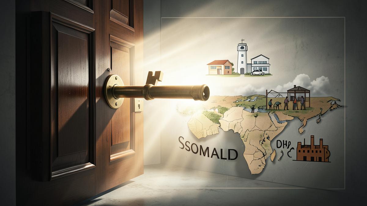 A symbolic key opening a door onto a map of Somaliland with schools, hospitals and factories