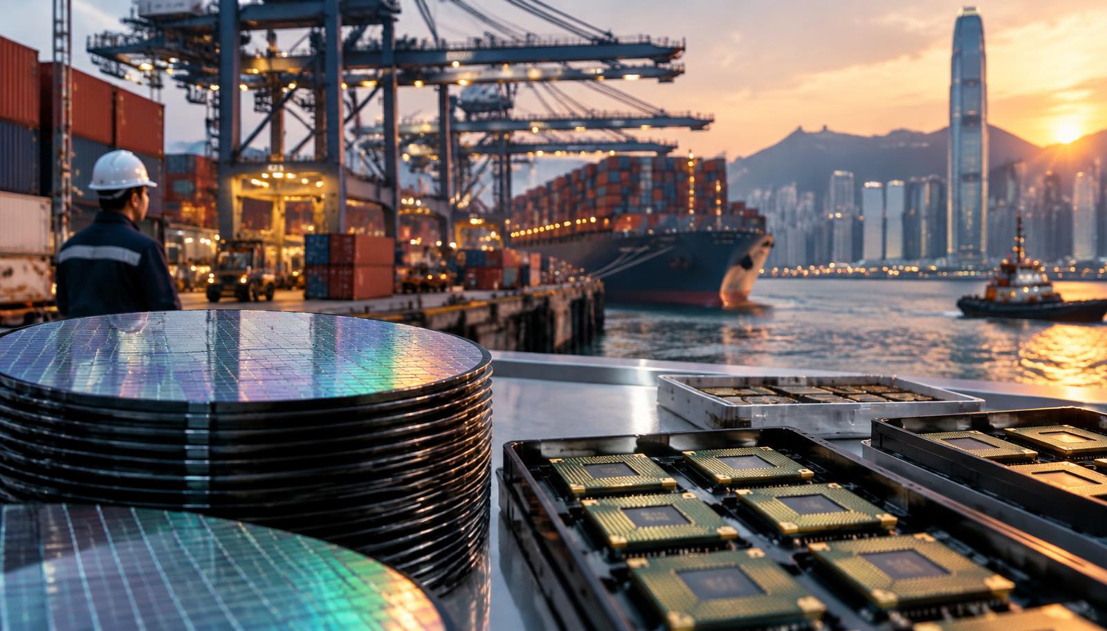 Semiconductor wafers and AI chips beside a busy East Asian container port
