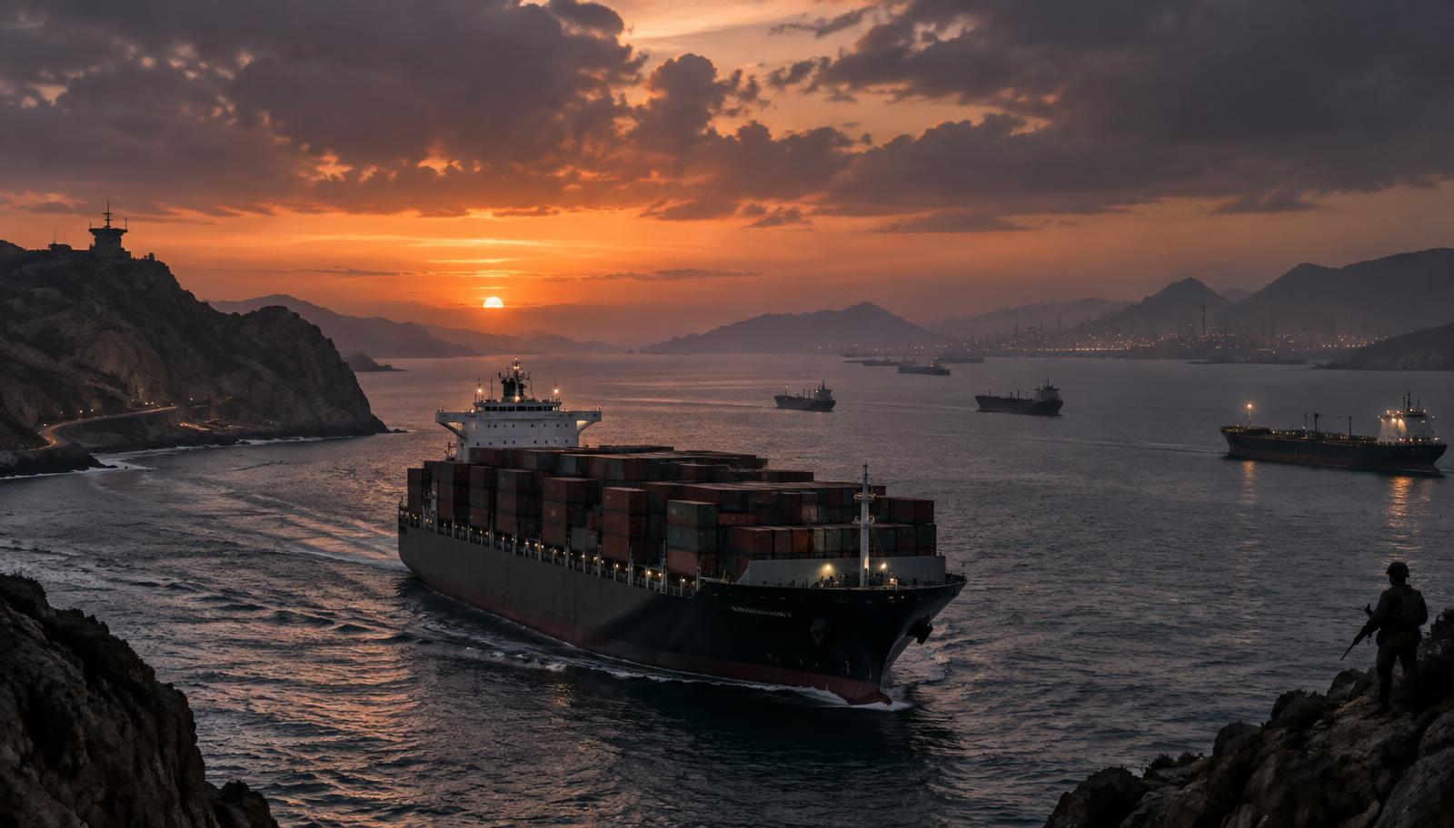 Container ships and tankers passing through a strategically guarded maritime chokepoint at dusk